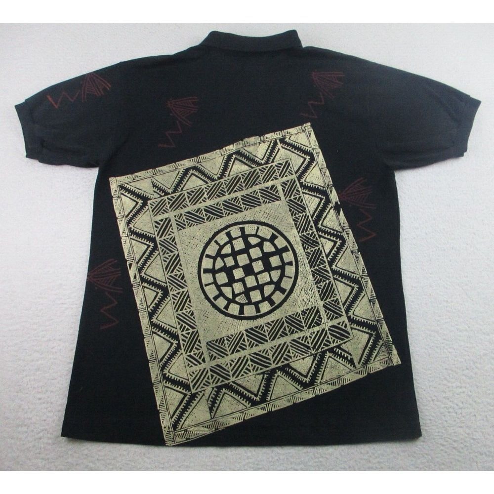 VTG‎ Screen Stars Polo Shirt Mens XL Black Tribal Art Print Short Sleeves Casual - Picture 9 of 9